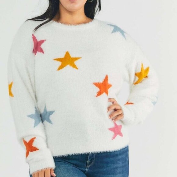 DAVI & DANI Cozy White Fuzzy Knit Sweater with Colorful Star Print, Plus Size - Picture 1 of 8